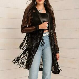 Sterling & Stitch Black Sheer Fringe Duster Kimono Jacket Women’s Size S Western